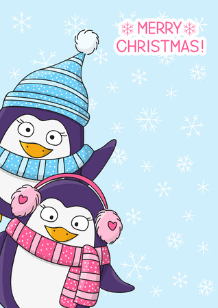 Christmas card with cartoon penguinsのイラスト素材