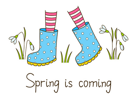 Spring greeting card with color rubber bootsのイラスト素材