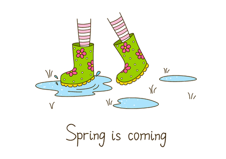 Spring greeting card with color rubber bootsのイラスト素材