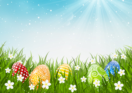 Color Easter eggs on green grassのイラスト素材