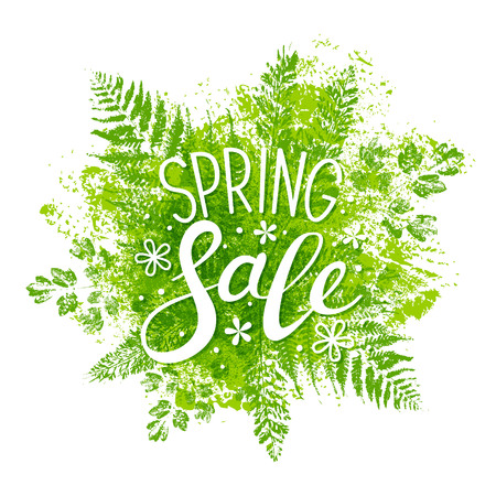 Spring sale message on green leaves backgroundのイラスト素材