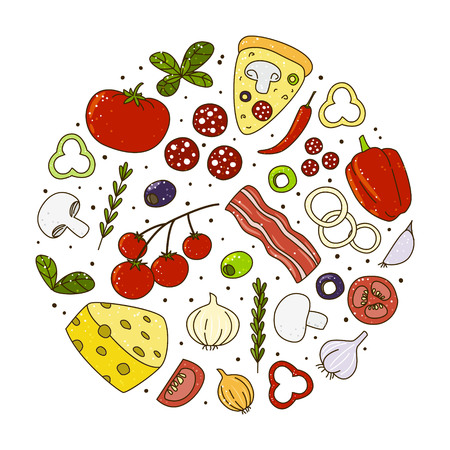 Pizza ingredients isolated on white.のイラスト素材