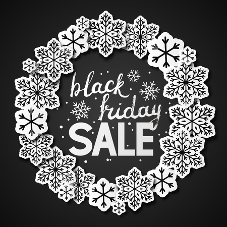 Black friday background with paper snowflakes round frameのイラスト素材