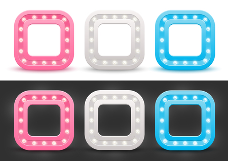Set of square frames with shining light bulbs.のイラスト素材