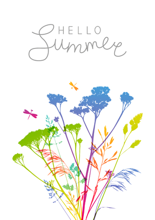 Summer background with rainbow herbal silhouettesのイラスト素材