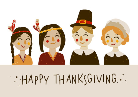 Thanksgiving greeting card with Indians and pilgrims at the tableのイラスト素材
