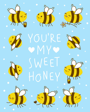 Cute honey bees frame for Your kawaii designのイラスト素材