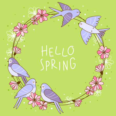 Spring greeting card with cute swallows and flowers on round frameのイラスト素材