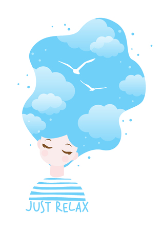 Girl with sky in hair - concept of peace and tranquilityのイラスト素材