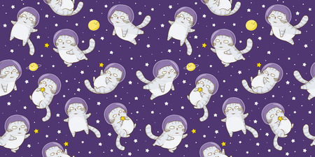 Seamless pattern with cute scottishfold cats astronauts on starry space backgroundのイラスト素材