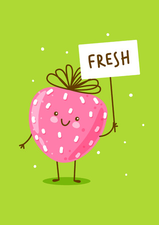 Cute happy strawberry with paper cardのイラスト素材