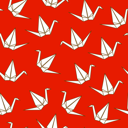 Seamless pattern with Japanese origami cranes  on red backgroundのイラスト素材