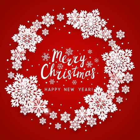 Christmas greeting card with paper snowflakes round frame on red background for your holiday designのイラスト素材