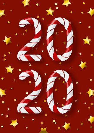 New Year concept - 2020 candy numbers on red background with golden stars for winter holidays designのイラスト素材