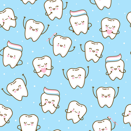 Seamless pattern with cute teeth on blue background - for kid dental design