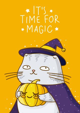 Cute scottish fold gray cat with pumpkin, witch hat and cloakon orange background - character for magic halloween designのイラスト素材