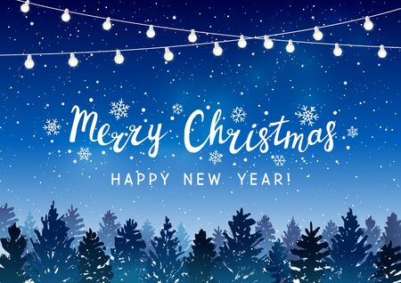Christmas trees with light bulbs on starry sky background - vector greeting card for winter holiday designのイラスト素材