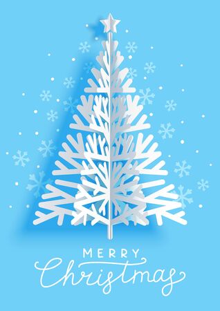 Greeting card with paper Christmas tree on blue background for your holiday designのイラスト素材