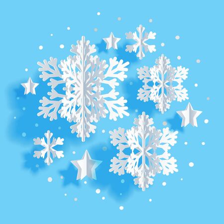 Christmas greeting card with paper snowflakes and stars on blue background for Your holiday designのイラスト素材