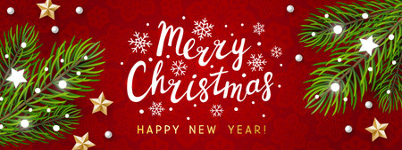 Horizontal panoramic banner with Christmas tree branches on red background for holiday designのイラスト素材