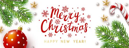 Horizontal panoramic banner with Christmas tree branches on white background for holiday designのイラスト素材