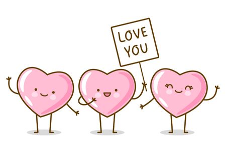 Kawaii pink hearts isolated on white background Vector characters for Valentines day cute greeting card designのイラスト素材