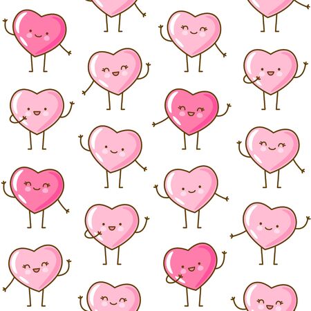 Seamless pattern with kawaii pink hearts isolated on white background Vector wallpaper for Valentines day cute designのイラスト素材