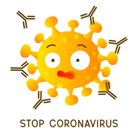 Coronavirus cartoon scared emoji attacked by antibodies isolated on white backgroundのイラスト素材