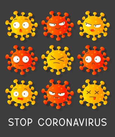 Set of coronavirus cartoon emoji characters on dark backgroundのイラスト素材