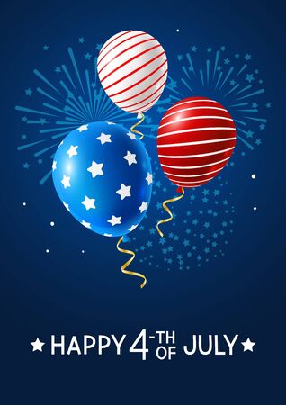 Independence day greeting card with color balloons and fireworks on night sky backgroundのイラスト素材