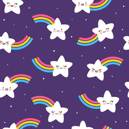 Seamless pattern with cute little stars with rainbows on night sky - kawaii background for kids textile designのイラスト素材