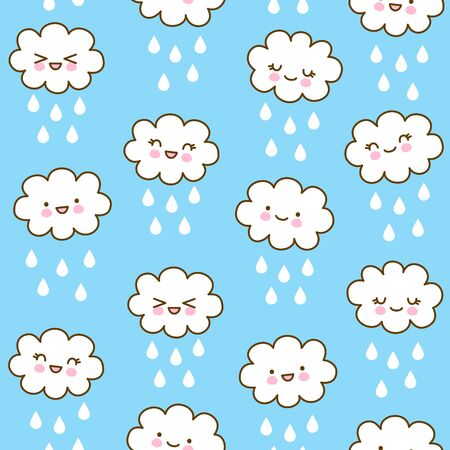 Seamless pattern with cute little clouds with raindrops - kawaii sky background for kids textile designのイラスト素材