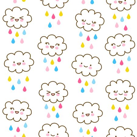 Seamless pattern with cute little clouds with color raindrops - kawaii background for kids textile designのイラスト素材