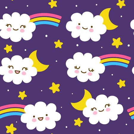 Seamless pattern with cute little clouds with moon and stars - kawaii night background for kids textile designのイラスト素材