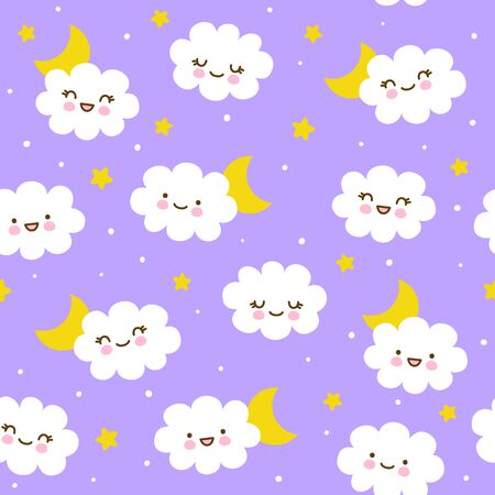 Seamless pattern with cute little clouds with moon and stars - kawaii background for kids textile designのイラスト素材