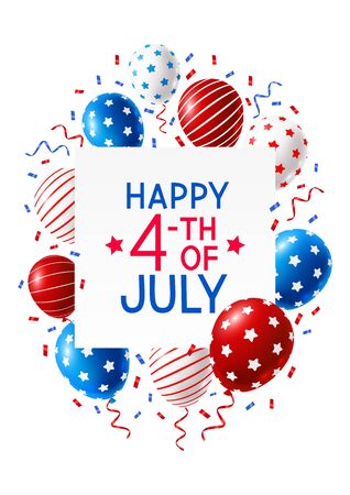 Independence day greeting card with color balloons and confetti on white background - frame with place for textのイラスト素材