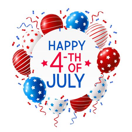 Independence day greeting card with color balloons and confetti isolated on white background - round frame with place for textのイラスト素材