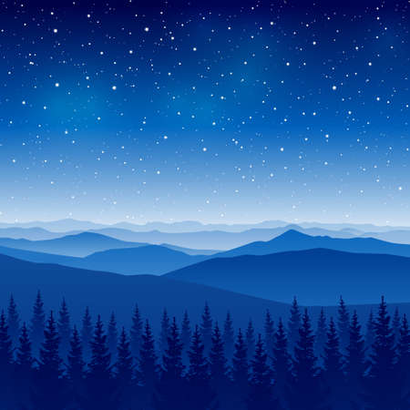 Mountain scene with coniferous forest on starry sky background - night landscape for poster and banner designのイラスト素材