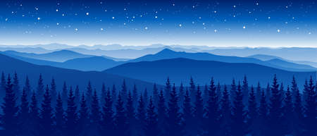 Mountain scene with coniferous forest on starry sky background- panoramic horizontal landscape for banner designのイラスト素材