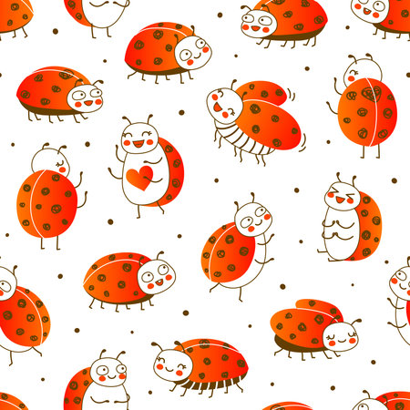 Seamless pattern with cute little ladybugs isolated on white background - cartoon background for...