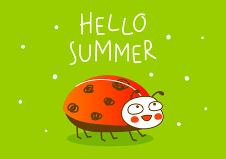 Cute little ladybug on green background - cartoon character for funny greeting card and poster designのイラスト素材