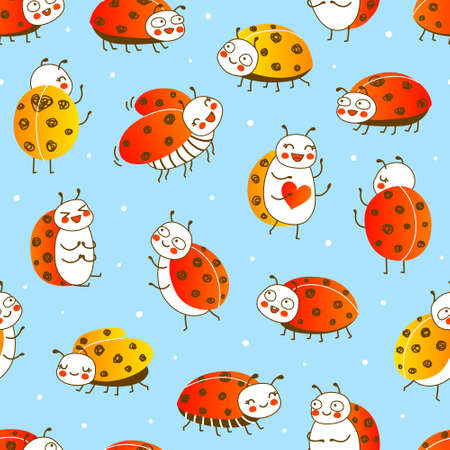 Seamless pattern with cute little ladybugs on blue background - cartoon background for funny children designのイラスト素材