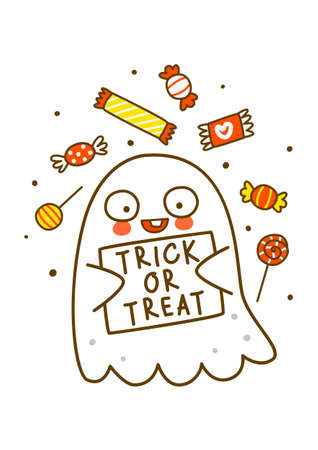 Cute little ghost with sweets isolated on white background - cartoon character for funny Halloween greeting card and poster designのイラスト素材