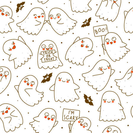 Seamless pattern with cute little ghosts with bats isolated on white background - cartoon background for funny Halloween textile or wrapping paper designのイラスト素材