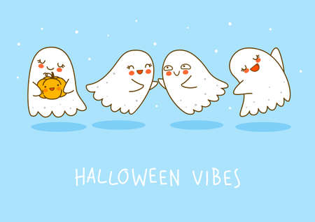 Cute little ghosts on blue background - cartoon characters border for funny Halloween greeting card designのイラスト素材