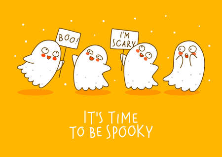 Cute little ghosts on orange background - cartoon characters border for funny Halloween greeting card designのイラスト素材