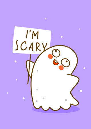 Cute little ghost on purple background - cartoon character for funny Halloween greeting card and poster designのイラスト素材