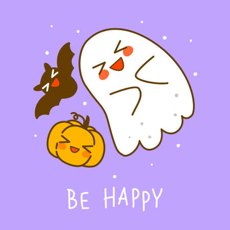 Cute little ghost with pumpkin and bat on purple background - cartoon character for funny Halloween greeting card and poster designのイラスト素材
