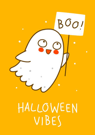 Cute little ghost on orange background - cartoon character for funny Halloween greeting card and poster designのイラスト素材
