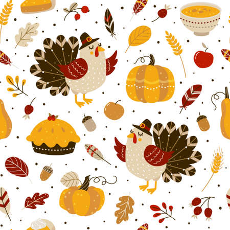 Seamless pattern with cute turkey and autumn elements for Thanksgiving day designのイラスト素材